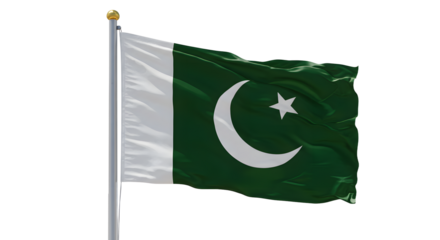 Waving Pakistan national flag on a metal pole isolated on white background, patriotic symbol and independence concept