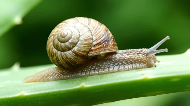 A snail with a brown shell crawls on a green plant leaf