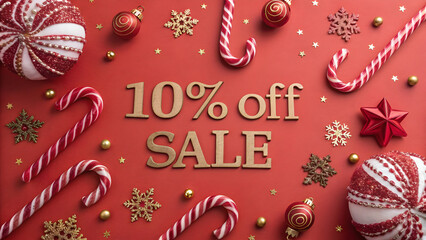 Festive red full hd 4k stock image download background with candy canes and Christmas ornaments 10 percent off sale