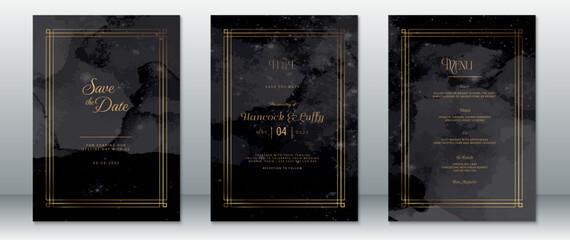 Modern wedding invitation set with gold frame accents on a dark watercolor background. Includes save the date, invitation, and menu card with classic fonts and luxurious design.