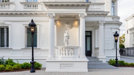 Fototapeta premium Elegant neoclassical building facade with a white statue of a woman in a curved alcove, ornate columns, black lamps,