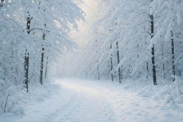 Snowy forest path: A serene winter wonderland with trees heavily laden with snow creating a peaceful, dreamy landscape, serene nature scene.