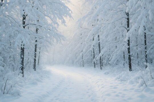 Snowy forest path: A serene winter wonderland with trees heavily laden with snow creating a peaceful, dreamy landscape, serene nature scene. - Powered by Adobe