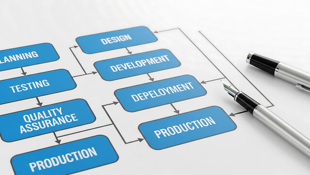 Business process flowchart with planning and production stages