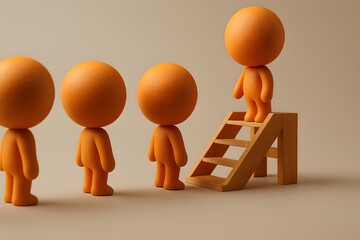 3D illustration of four orange humanoid figures, with one figure standing on a small staircase while the others line up behind, symbolizing leadership, progress, or achievement in a minimalistic style