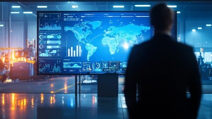 Expert Watching Global Data Analysis on Massive Screen in High-Tech Industrial Complex - Powered by Adobe