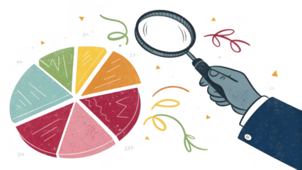 Hand holding magnifying glass examining colorful pie chart with confetti isolated on transparent background