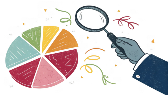 Hand holding magnifying glass examining colorful pie chart with confetti isolated on transparent background