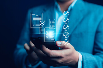 Electronic signature Businessman signs electronic document on digital document on page Electronic signature concept Writing business agreement Digital document management Paperless office	
