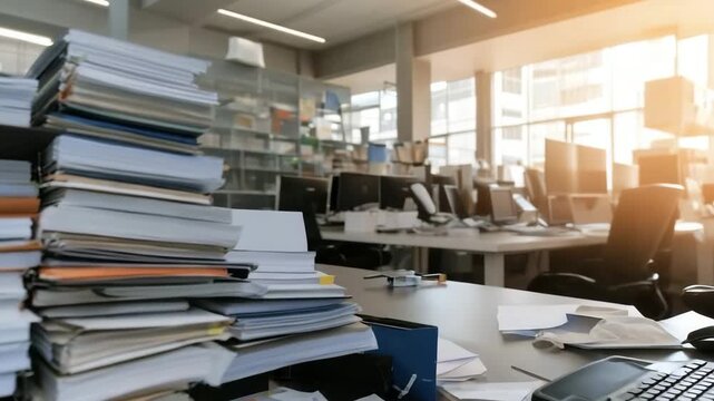 Cluttered office desk with papers and computer equipment