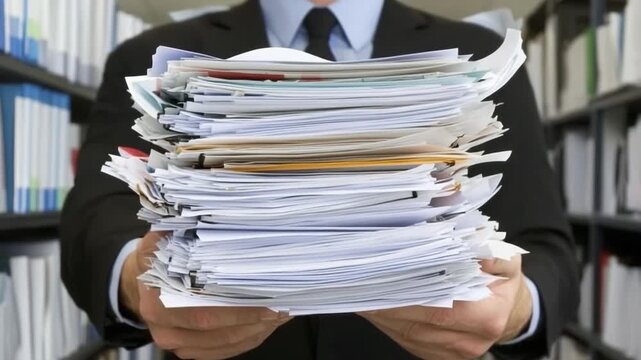 Busy office worker handling a mountain of documents