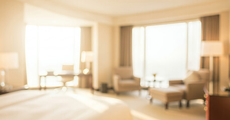 Fototapeta premium Blurred interior view of a room with furniture and large windows, highlighting bright natural light, airy open space, and clean modern interior design for a comfortable home environment.