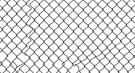Fototapeta premium A close-up shot of a chain-link fence, with a tear in it, suggesting a break or breach in security. This image may symbolize restriction, freedom, or the concept of barriers