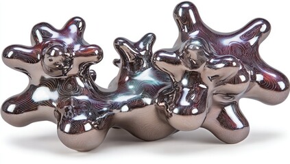 Abstract, metallic sculpture.  Three irregular, organic forms, resembling  molten metal or  blobs, are clustered together. 