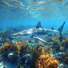 Naklejka premium A shark swims over a coral reef.