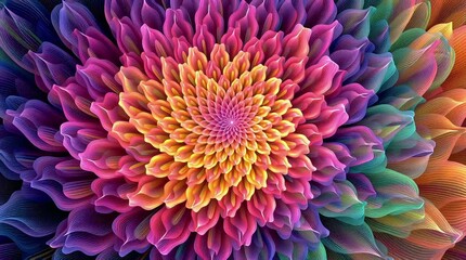 Close-up animation of a moving flower pattern. Motion. Approaching rainbow flower pattern similar to an aster flower. 4K video - Powered by Adobe
