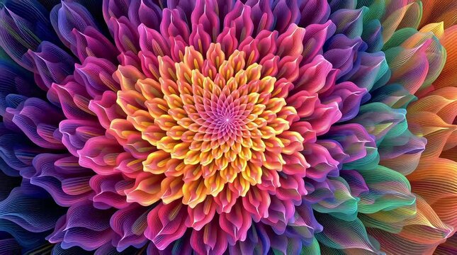 Close-up animation of a moving flower pattern. Motion. Approaching rainbow flower pattern similar to an aster flower. 4K video