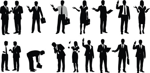 Silhouettes of business people, professional attire, communication, teamwork, briefcases, documents, pointing, talking, interaction, corporate scene, white background