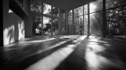 A minimalist interior space with large windows and black white shading creates dramatic contrast.