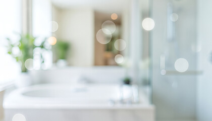 Blurred bathroom interior featuring a sink, mirror, and shower area with white tones, creating a clean, bright, and airy space with modern elegant finishes and soft natural light.