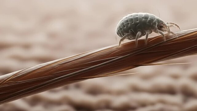 Close-up view of a tiny insect crawling on a hair strand, showcasing intricate details and textures