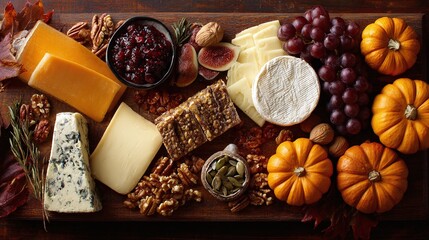 Autumn Harvest Cheese Board: A delightful assortment of cheese, fruits, nuts, and seasonal gourds arranged on a wooden board for a cozy, festive treat.