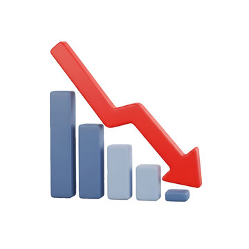 3d bar chart with a red arrow indicating a downward trend on a black background