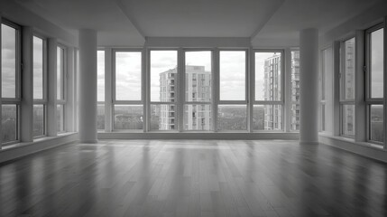 Obraz premium A spacious modern interior with large windows reveals adjacent buildings and distant landscape,