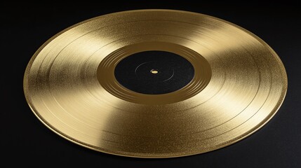 A gold record on a black background glistens, symbolizing musical achievement and the enduring appeal of analog sound. A timeless icon of success.