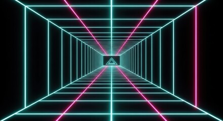 Neon tunnel with triangle in the center, abstract geometric perspective background.