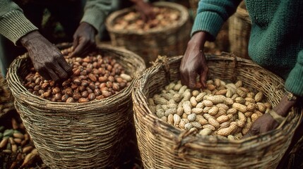 Peanuts are sorted by hand into woven baskets amidst a rustic seasonal harvest scene, embodying the concept of traditional agricultural work.