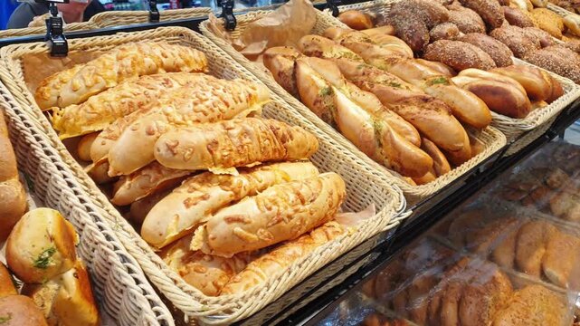 Footage of the various bread products in the bakery shop. Food