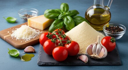 Ingredients for Italian cuisine: tomatoes, basil, garlic, parmesan cheese, olive oil, and pepper.