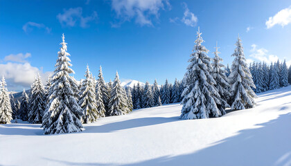 Obraz premium Serene Winter Landscape: Snow-Covered Evergreen Forest Under a Bright Blue Sky, Majestic Mountain Peaks in the Distance, Peaceful and Tranquil Atmosphere.
