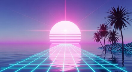 Naklejka premium Synthwave sunset over the ocean with palm trees and a retro grid.