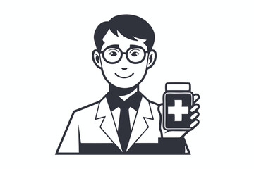 Man Holding Medicine Bottle on White Background, Clean Design