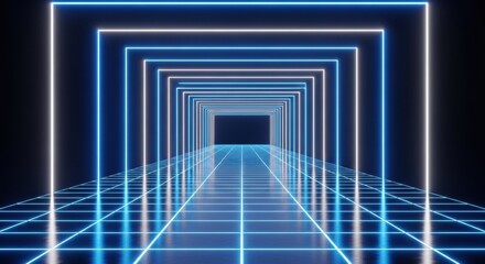 Neon tunnel with blue and white lights, creating a futuristic perspective.