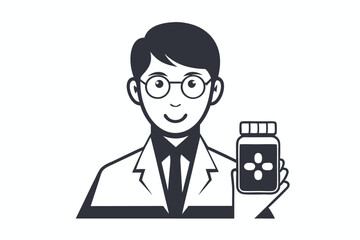 Cartoon doctor offering medication in design, set on a white background