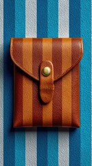 Square striped leather pouch on blue striped background