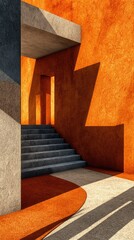 Abstract architectural rendering; concrete stairs and orange wall, sunlight shadows