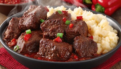 Braised beef cubes in a rich red sauce, served with creamy mashed potatoes