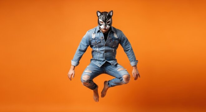 Man in denim outfit and animal mask jumping in front of orange background.