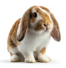 Close-up of a small, seated rabbit with brown and white fur, large floppy ears, and alert expression against a plain white background