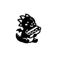 Adorable Dragon Enjoying a Delicious Hot Dog Black and White Illustration.