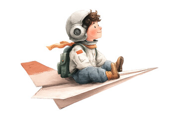 Adventurous Boy Riding Paper Airplane &ndash; Watercolor Travel Dream Illustration, isolated with transparent background