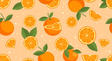 Vibrant Orange Citrus Fruit Pattern with Slices, Leaves, and Dots