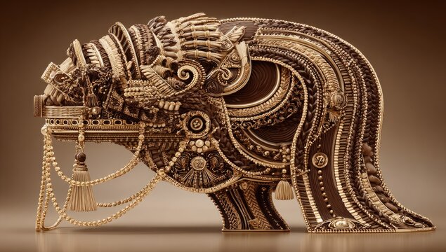 Ornate headpiece with intricate details,  browns and golds,  profile view