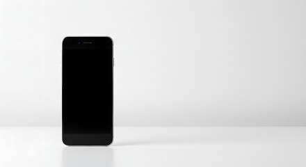 Sleek black mobile phone with a blank screen standing vertically on a white surface against a minimalist background with ample copy space for text.