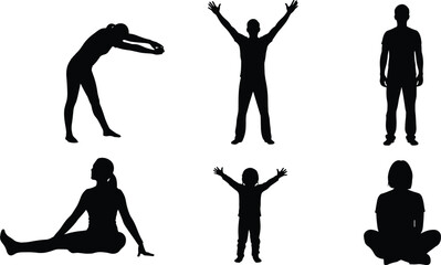 Silhouettes of people, various poses, sitting, standing, stretching, child with arms raised, black figures, white background, yoga, meditation