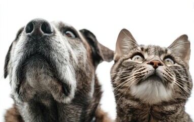 Close-up of a dog and cat looking upward